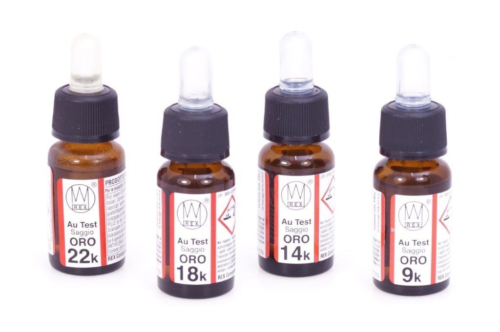Kit Test Oro E Argento 6 Flaconi – Reagenti Per 9,14,18,24 K, Argento E Platino, Con Spatole E Senza Pietra Di Paragone